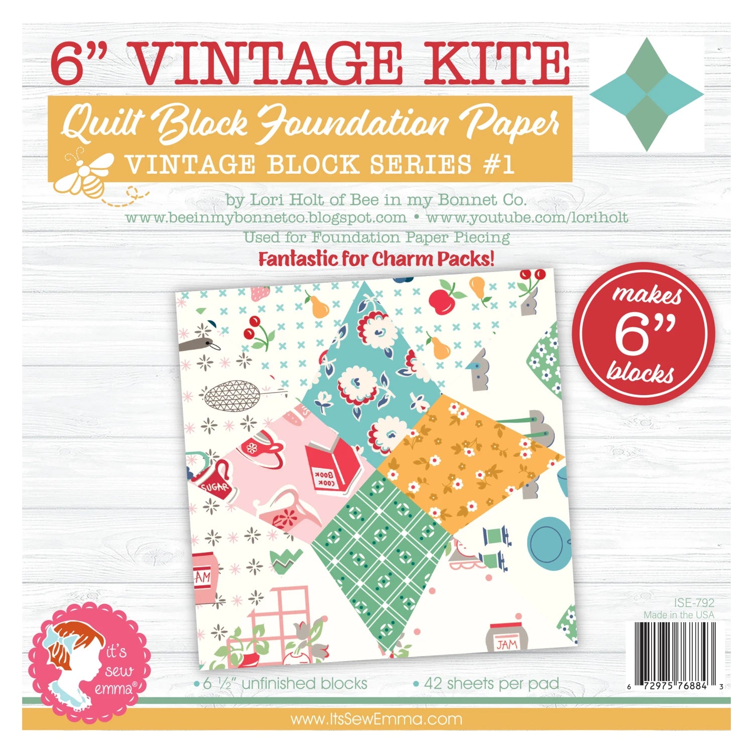 6 inch Vintage Kite - quilt block foundation Paper - 42 sheets per pad