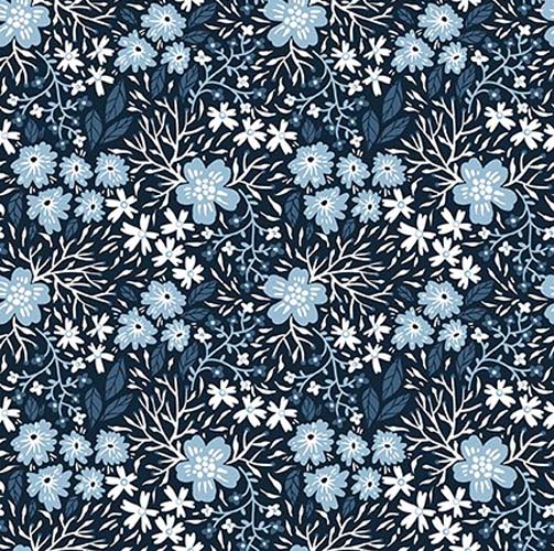 Whimsy - Meadow - Blue - light blue floral on dark blue - Jason Yenter