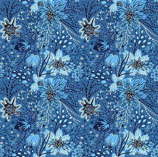 Whimsy - Star Flowers - Blue - blue floral on blue - Jason Yenter