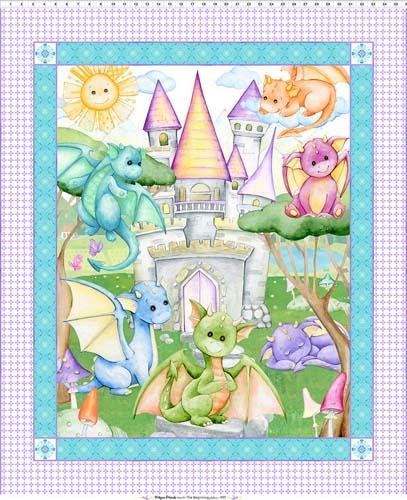 Dragon Friends - PANEL 1 yd. - Pastel dragons & castle
