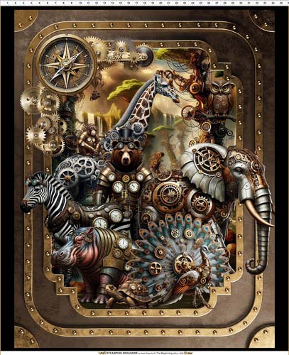 Steampunk Menagerie - 1yd. PANEL - Steampunk animals in metal frame
