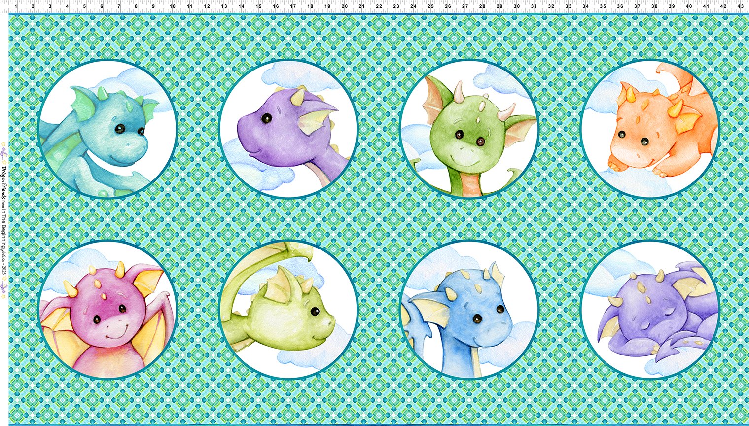 Dragon Friends - PANEL 24inches - Circle Patches - 8 dragon circle patches (126)