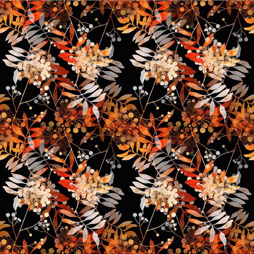 Reflections of Autumn - Fronds& seed pods on black - orange. yellows and grays