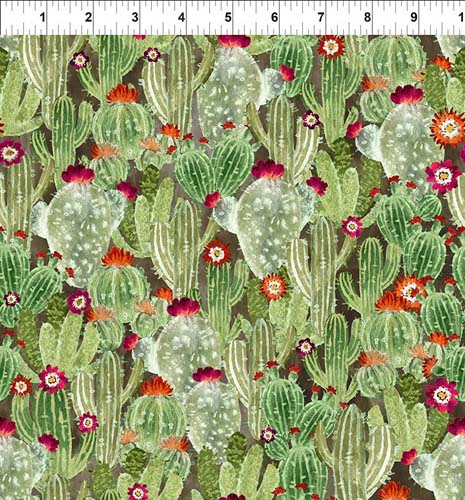 Southwest - Cactus - Green -packed cacti and flowers on dark brown