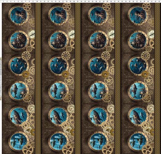 Steampunk Menagerie - Border Stripe - Portholes & gears w/steampunk fish