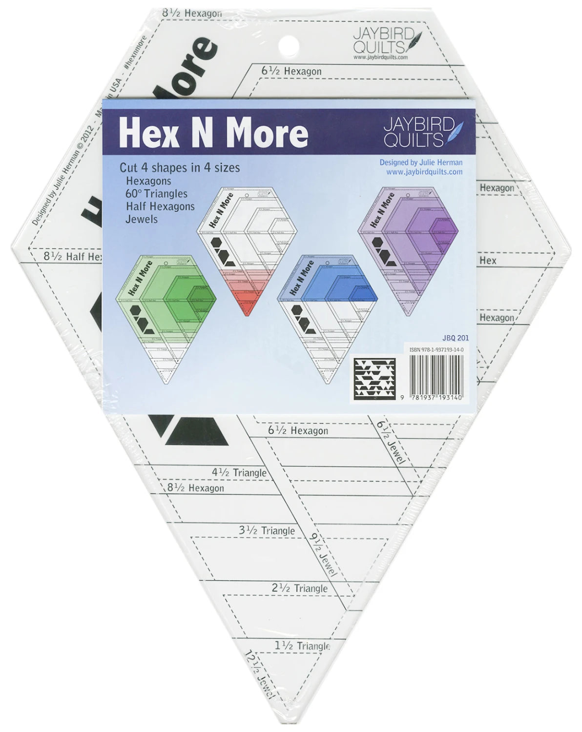 Hex N More Hexagon Ruler by Jaybird Quilts-Cut 4 shapes in 4 sizes-hexa