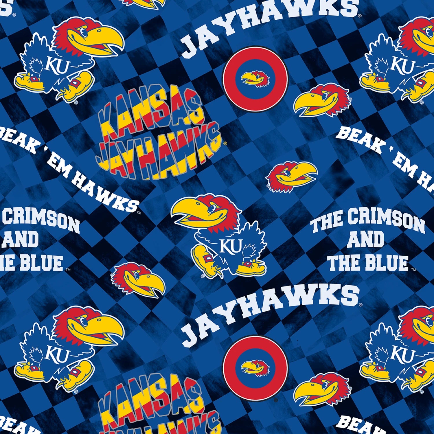 University of Kansas - Check Allover - jayhawks, logos on black & blue check