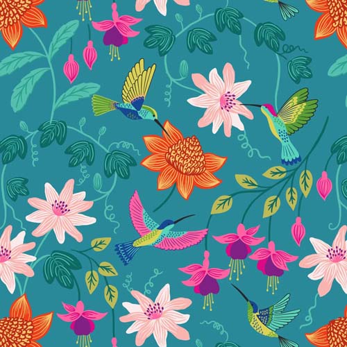 Hibiscus Hummingbird - Large floral - tropical blue - hummingbirds & flowers