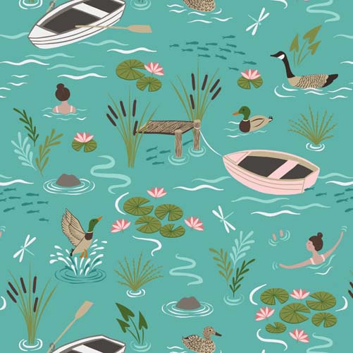 On The Lake - Dip in the Lake- Sunny Day Blue - lake scene on teal