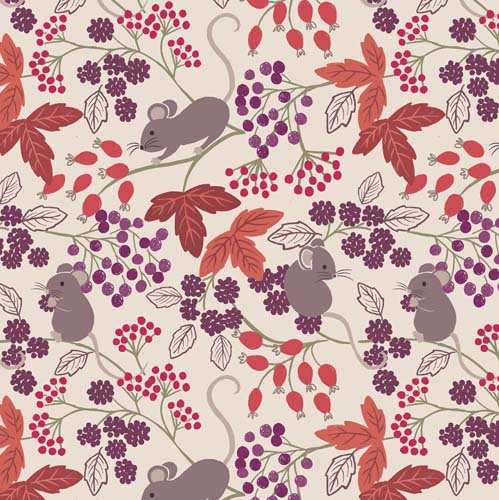 Autumn Fields - Mice with Berries - Cream - orange & purple berries w/ mice