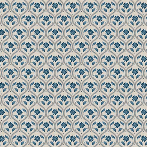 Brensham - Floral Trellis - Deep Cream- blue floral geomtric on tan