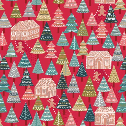 Gingerbread Season - Gingerbread Forest- Red - gingerbread trees & houses on red