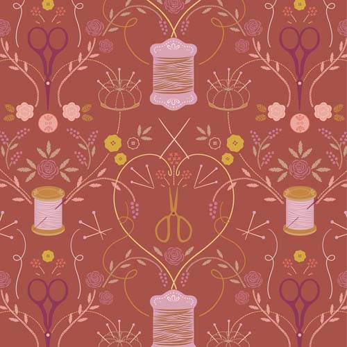 Memory Made - Stitch in Time -Rust - thread, scissors & pincushions on rust