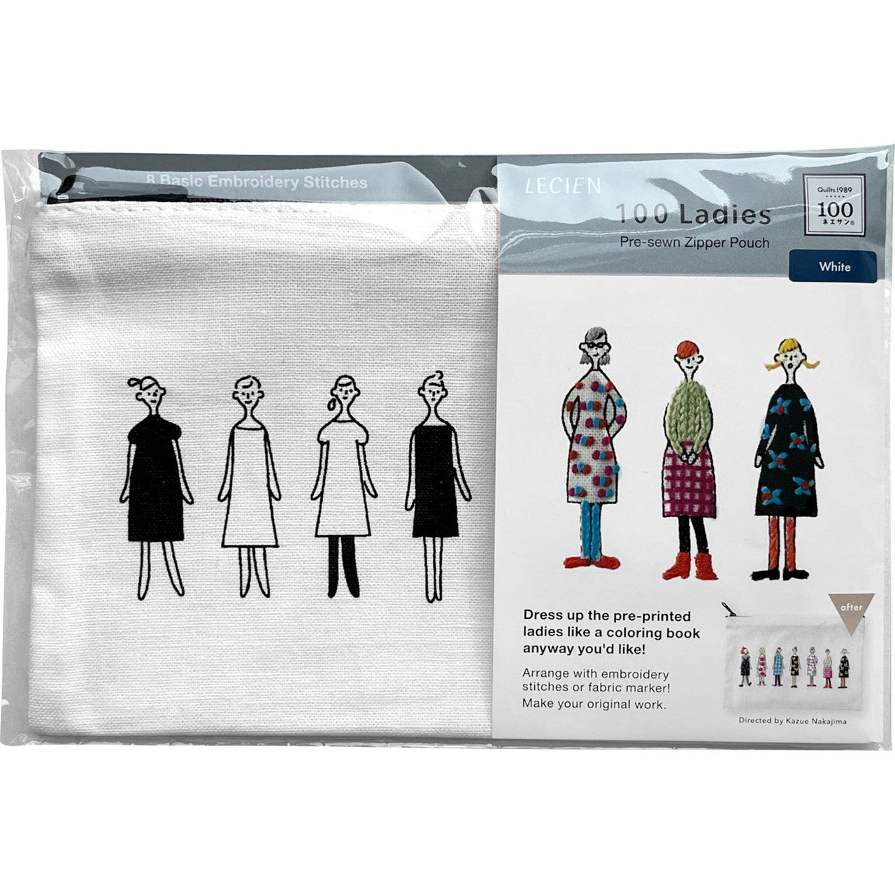 Lecien - 100 Ladies pre-sewn zipper pouch - White - to embroider
