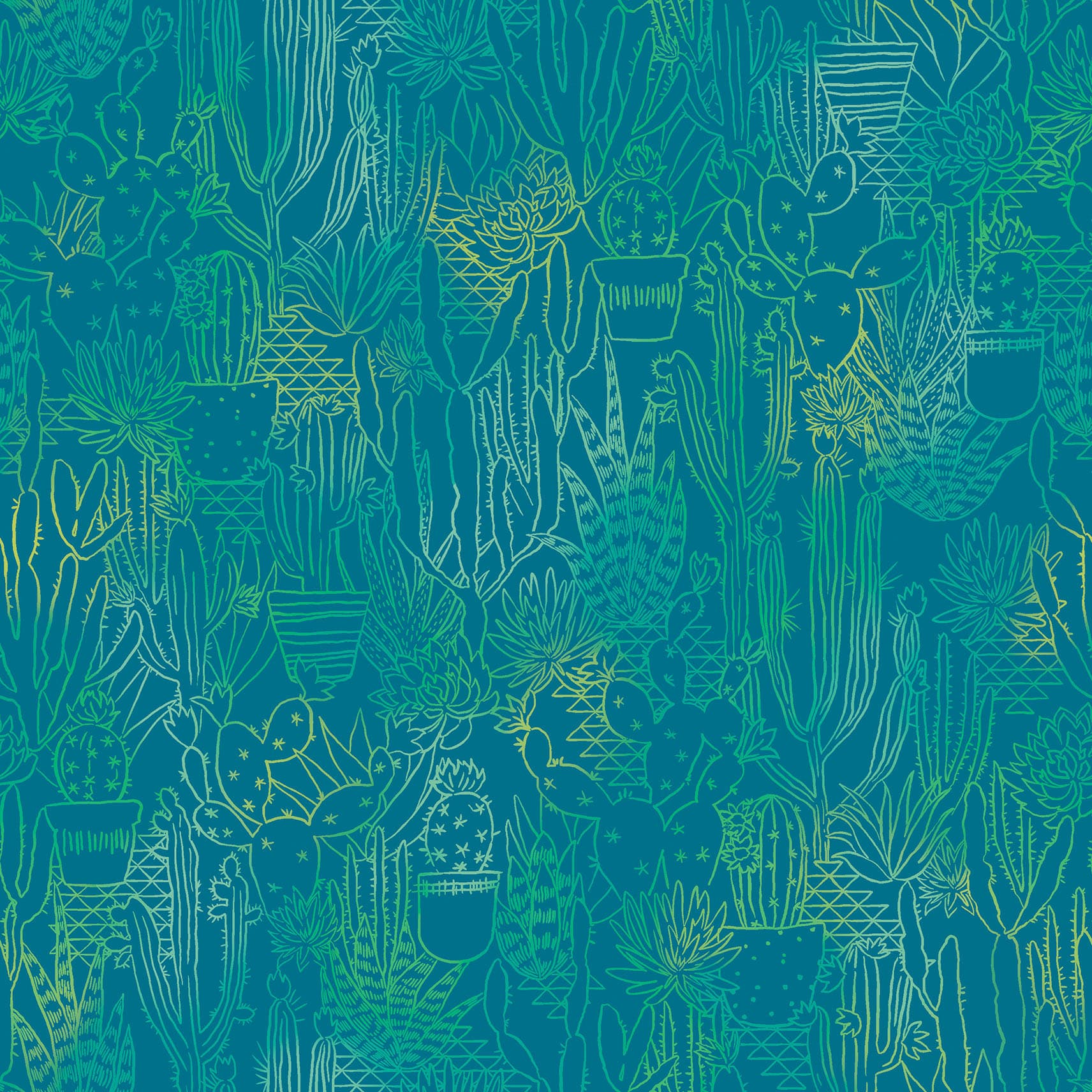 Desert Dreams - Cactus Glow - Blue - teal line drawing cacti on blue