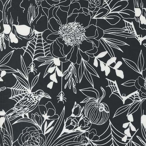 Noir - Haunted Garden - Midnight/Ghost - white floral line drawings on black