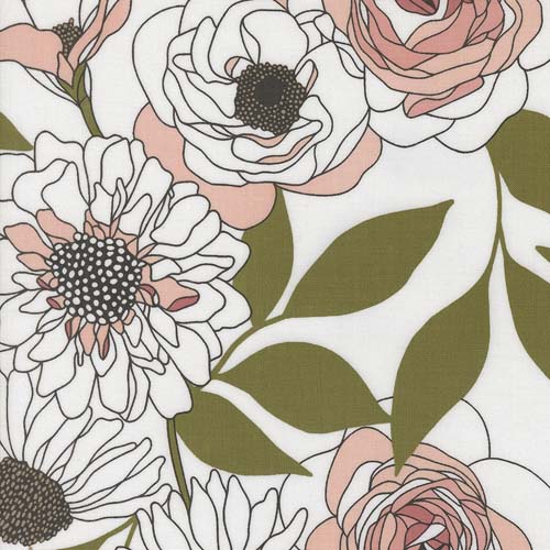 Botany - Cabbage Rose - Paper -pink & green floral line drawings on white