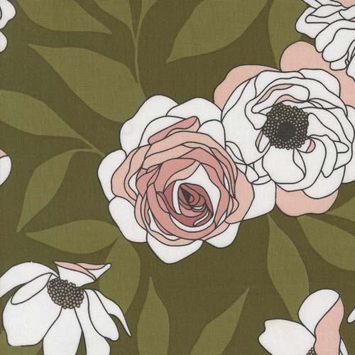 Botany - Cabbage Rose - Monstera - Pink & white floral on olive green