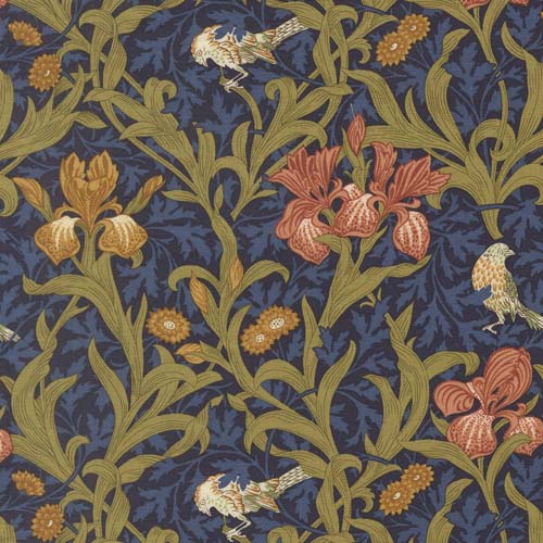 Morris Muse - Iris Florals - Twilight- Red & gold irises on dark blue