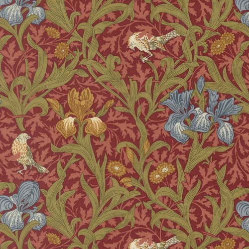 Morris Muse - Iris Florals - Russet - Blue & gold irises on red