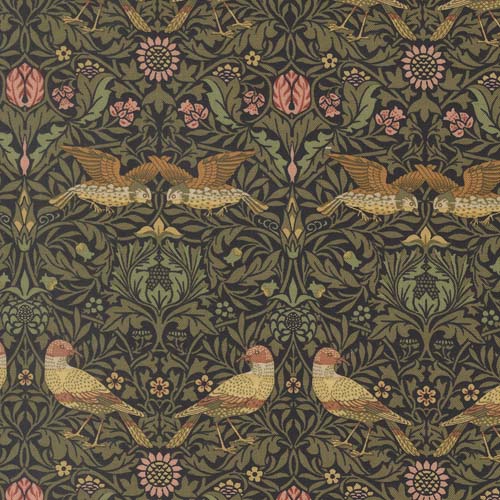 Morris Muse - Birds Damask - Ebony - Birds & florals on black