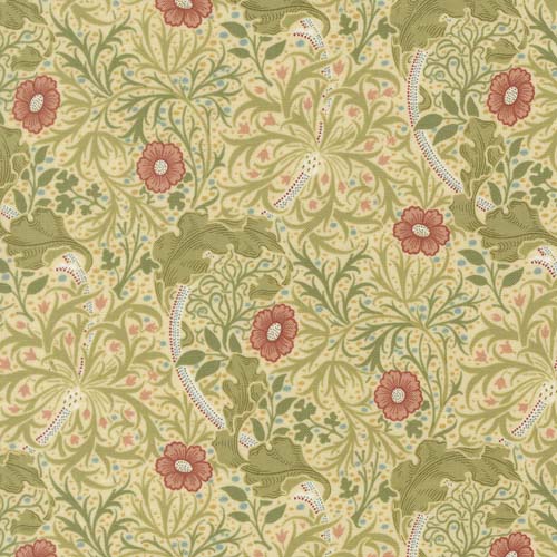 Morris Muse - Seaweed Florals- Parchment - Coral & green floral on cream