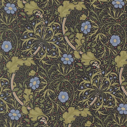 Morris Muse - Seaweed Florals- Ebony - Blue & green floral on black