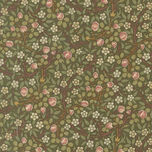 Morris Muse - Small Clover - Sage - White & pink floral on green
