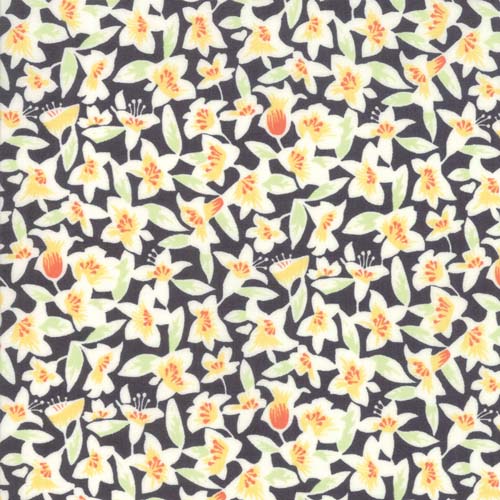 Fine & Sunny - Blossom - charcoal - orange & green on black by Jen Kingwell