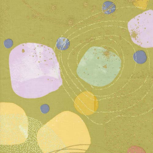 Flirtation - Dancing - Zest - circles & dots on yellow green w/ gold metallic