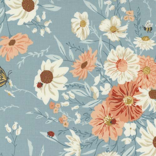 Farmstead - Farm Fresh Flowers - Stream - pink & white floral on blue