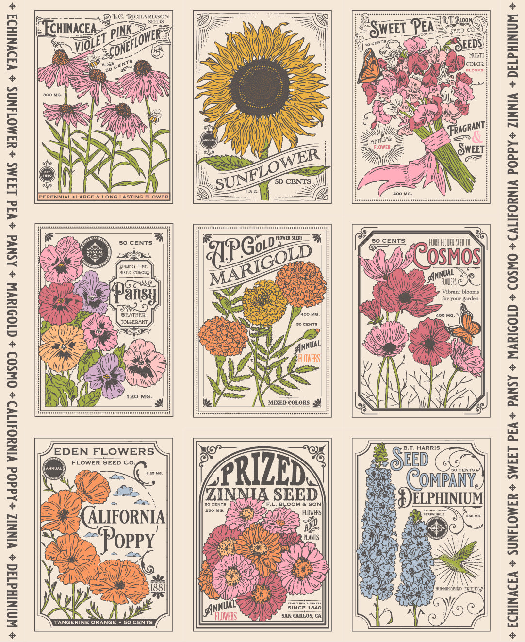 My Secret Garden - Vintage Seed Packet 1yd. Panel - Cloud