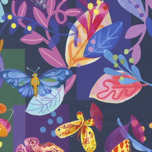 Flower Patches - Butterfly Meander - Midnight - large floral w/ butterflies