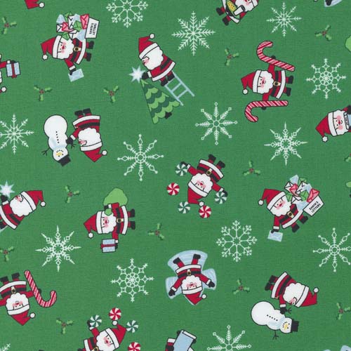 Candy Cane Lane - Santa - Evergreen - Tossed tiny santas on green