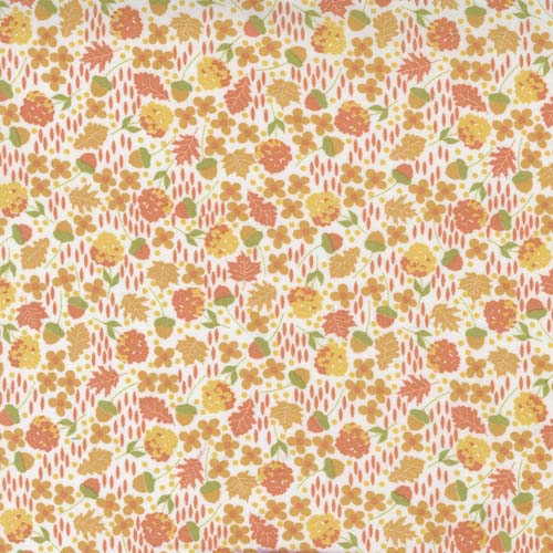 Cozy Up - Cloud Cinnamon -Orange & Yellow Acorns & Floral on White- Corey Y