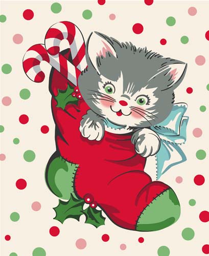 Kitty Christmas - PANEL 1yd.Kitty Stocking - Snow - kitty in stocking on cream