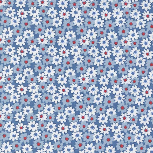 30s Playtime - Friendly Florals - Bluebell - White & Blue flowers some with red