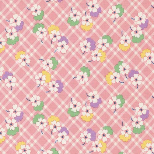 30s Playtime - Picnic Posies - Petal Pink - Flowers overlaid on a plaid