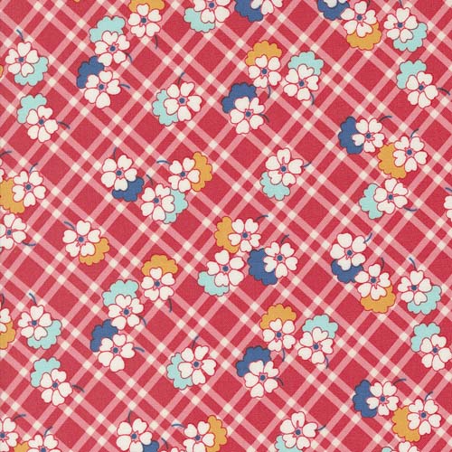 30s Playtime - Picnic Posies -Scarlet - Flowers overlaid on a plaid