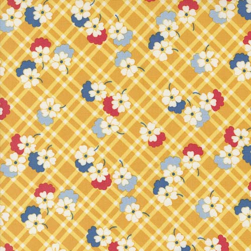 30s Playtime - Picnic Posies -Buttercup - Flowers overlaid on a plaid