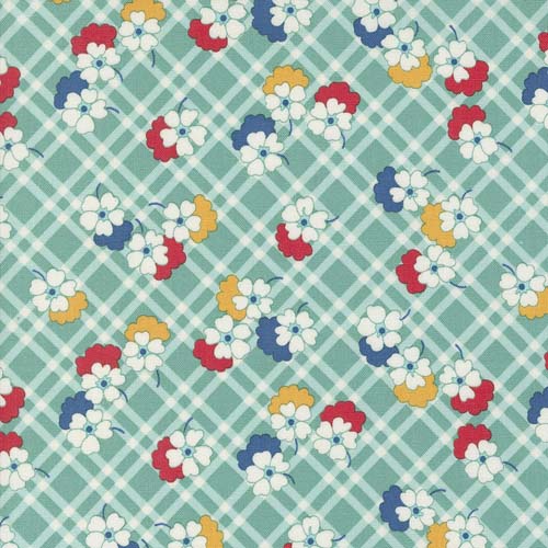 30s Playtime - Picnic Posies -Teal - Flowers overlaid on a plaid