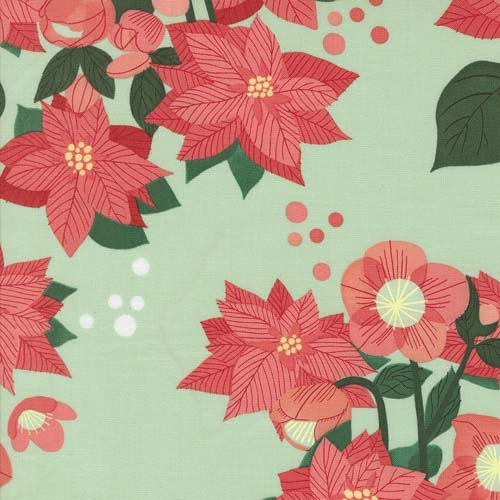 Tiny Christmas - Poinsettia -Mint - red & pink floral on mint green