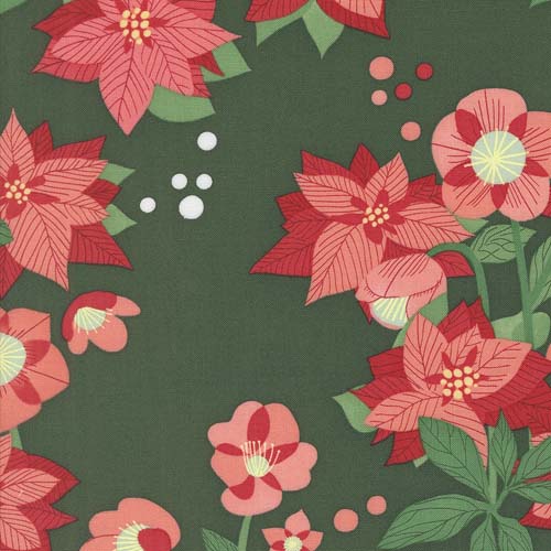 Tiny Christmas - Poinsettia -Pine - red & pink floral on dark green