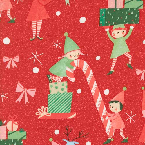 Tiny Christmas - Elves - Red - elves, presents & candy canes on red