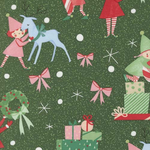 Tiny Christmas - Elves - Pine - elves, presents & candy cane on green