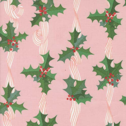 Tiny Christmas - Holly Stripes - Cotton Candy - ribbons & holly on pink