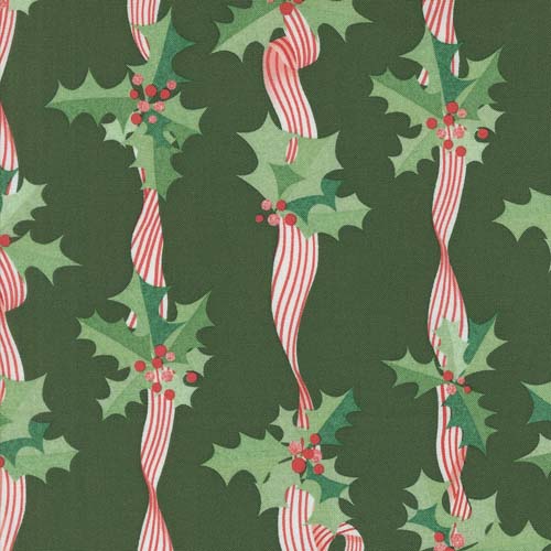 Tiny Christmas - Holly Stripe- Pine - ribbons & holly on dark green