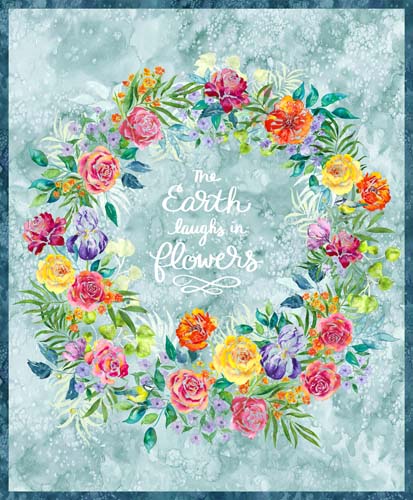Chickadee -  PANEL 1 yd. - Wreath of flowers on aqua background