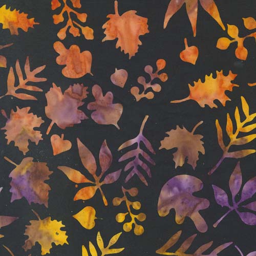 Bonfire Batiks - Coal - Leaves -  orange, gold & purple leaves on black