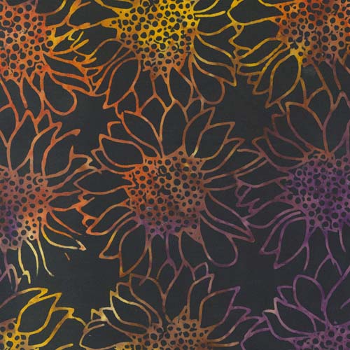 Bonfire Batiks - Coal - Sunflowers - outlined sunflowers on black